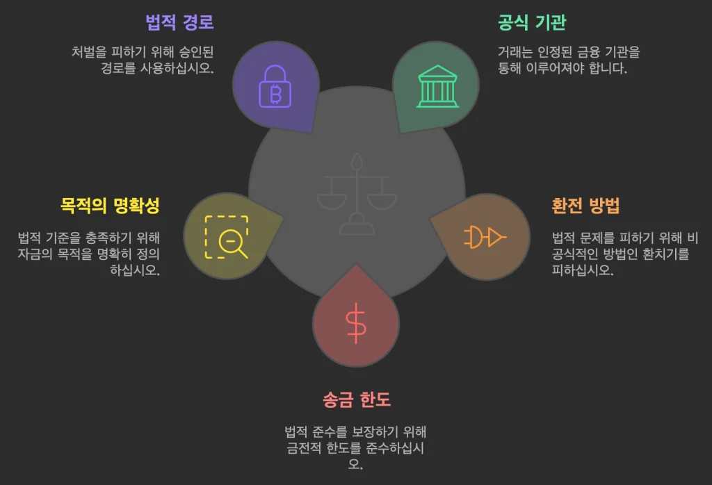 공식 금융기관을 통한 거래

환치기 방식의 거래 하지 말기

1년간 5만 달러 송금 한도, 1회 3000달러 송금 한도 준수 

송금 목적 명확히 하기 

불법 환전 업체 이용 금지