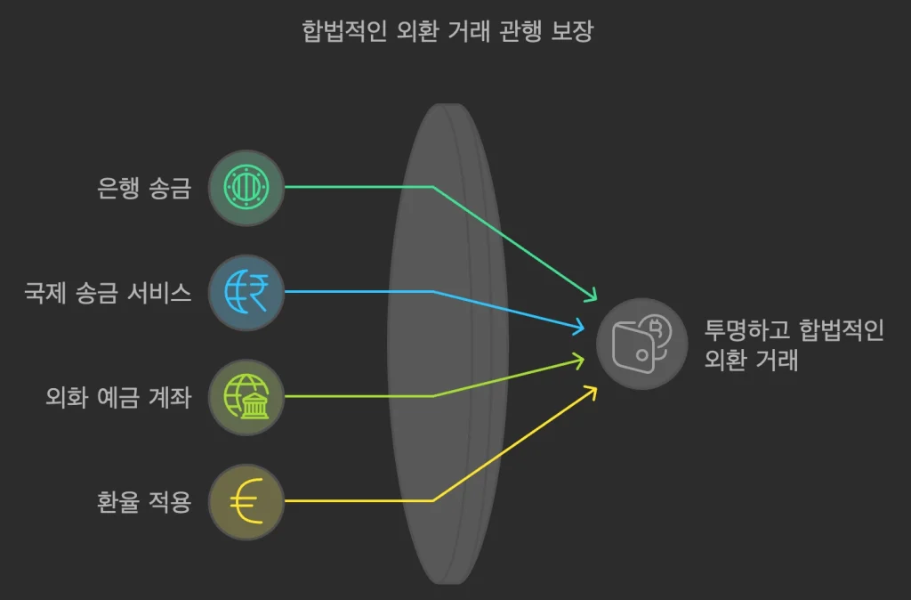 은행 송금: 공식 금융기관을 통해 투명하게 송금

국제 송금 서비스: 페이팔(PayPal), 웨스턴 유니언(Western Union) 등 공인된 플랫폼 이용

외화 예금 계좌: 은행 외화 계좌를 활용해 외환 관리 및 송금

환율 적용: 거래 시 실제 환율 및 수수료 적용