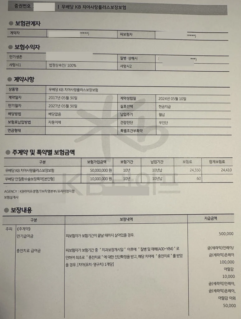 KB 치아사랑플러스보장보험 주계약 및 보험금액과 보장내용